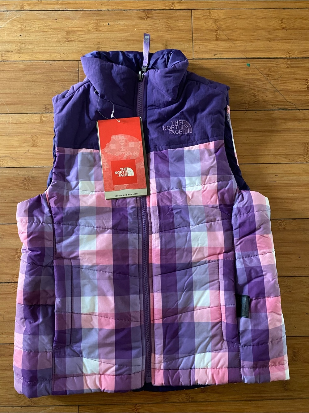 NWT The North Face Girls' Quilted Vest — Purple & Pink Plaid Sz 7/8 Reversible